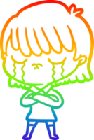rainbow gradient line drawing of a cartoon woman crying png