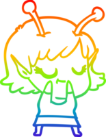 rainbow gradient line drawing of a smiling alien girl cartoon png