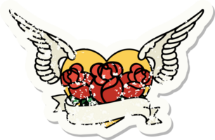 distressed sticker tattoo in traditional style of a flying heart with flowers and banner png