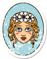 distressed sticker tattoo in traditional style of a maiden with flowers in her hair png