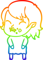 rainbow gradient line drawing of a cartoon vampire girl with blood on cheek png