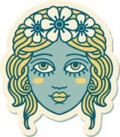 sticker of tattoo in traditional style of female face with crown of flowers png
