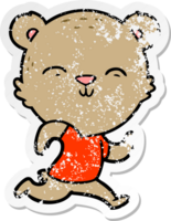 distressed sticker of a happy cartoon bear jogging png