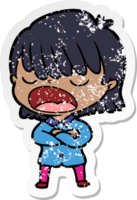 distressed sticker of a cartoon woman talking loudly png