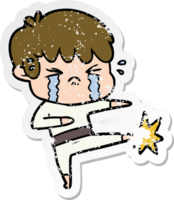 distressed sticker of a cartoon boy crying png