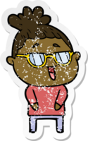 distressed sticker of a cartoon happy woman wearing spectacles png