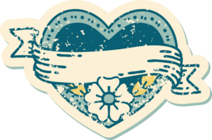 iconic distressed sticker tattoo style image of a heart and banner with flowers png