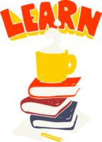 flat color illustration of books and coffee cup under Learn symbol png