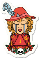 sticker of a crying human bard with natural one D20 dice roll png