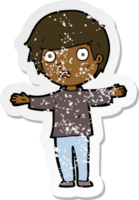 retro distressed sticker of a cartoon worried boy png