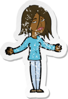 retro distressed sticker of a cartoon woman shrugging shoulders png