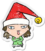 distressed sticker of a cartoon girl wearing christmas hat png