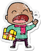 distressed sticker of a cartoon shouting bald man with present png