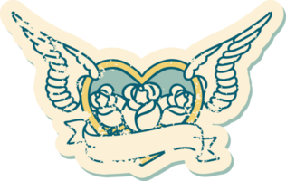 ikonisches, beunruhigtes Bild im Tattoo-Stil eines fliegenden Herzens mit Blumen und Banner png