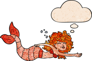 cartoon mermaid with thought bubble in grunge texture style png