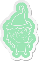 quirky cartoon  sticker of a elf girl staring wearing santa hat png