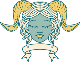 Retro Tattoo Style tiefling character face with scroll banner png