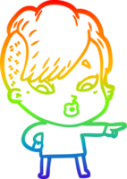 rainbow gradient line drawing of a cartoon surprised girl pointing png