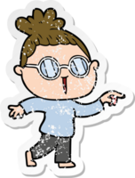 distressed sticker of a cartoon woman wearing spectacles png