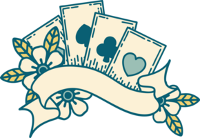 iconic tattoo style image of cards and banner png