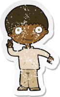 retro distressed sticker of a cartoon boy giving peace sign png