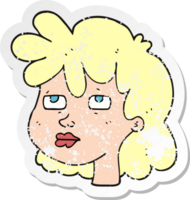 retro distressed sticker of a cartoon female face png