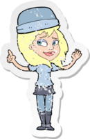 retro distressed sticker of a cartoon woman in hat png