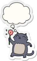 cartoon cat with flower with thought bubble as a printed sticker png