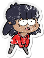 distressed sticker of a cartoon tired woman png