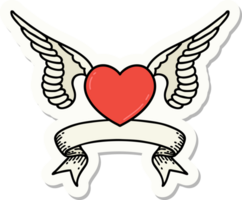 autocollant de style tatouage avec bannière d'un coeur avec des ailes png