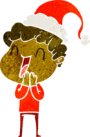 main tiré rétro dessin animé de une content homme portant Père Noël chapeau png