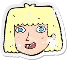 retro distressed sticker of a cartoon happy female face png