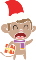 shouting hand drawn flat color illustration of a monkey carrying christmas gift wearing santa hat png