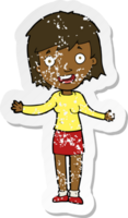 retro distressed sticker of a cartoon excited woman png