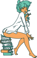 imagem de estilo de tatuagem icônica de uma garota pinup sentada em livros png