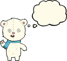 cartoon waving polar bear cub with scarf with thought bubble png