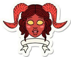 adesivo de um rosto de personagem tiefling com banner de rolagem png