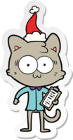 hand drawn sticker cartoon of a surprised office worker cat wearing santa hat png