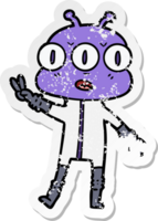 pegatina angustiada de un alienígena de tres ojos de dibujos animados saludando png