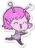 distressed sticker of a cartoon alien girl laughing png