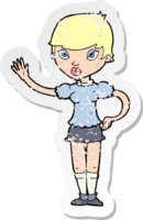 pegatina retro angustiada de una mujer de dibujos animados saludando png