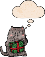 cartoon christmas cat with thought bubble in grunge texture style png