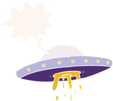 cartoon flying UFO with speech bubble in retro style png