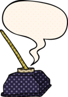 cartoon old ink pot and pen with speech bubble in comic book style png