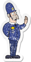 distressed sticker of a cartoon policeman making stop gesture png
