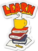 sticker of a cartoon books and coffee cup under Learn symbol png