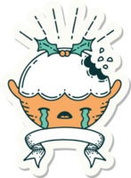 sticker of a tattoo style christmas pudding character crying png