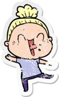 distressed sticker of a cartoon happy old woman png