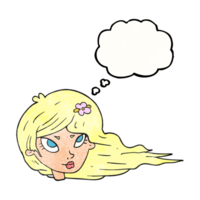 drawn thought bubble textured cartoon woman with blowing hair png