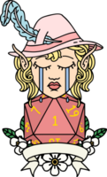Retro Tattoo Style crying elf bard character with natural one D20 roll png